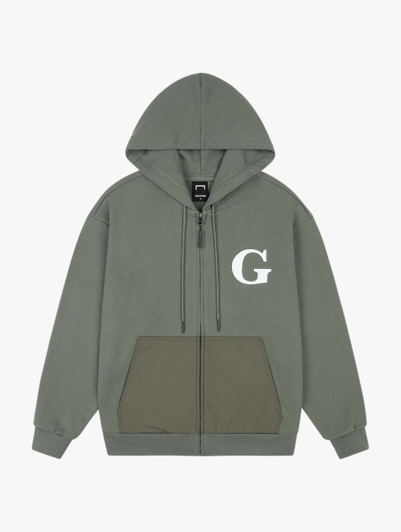 [50%]WHO KNOWS G LOGO WOVEN MIXED FULL ZIP-UP HOODIE - KHAKI