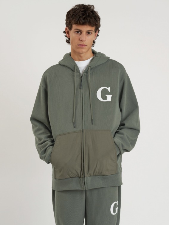 [50%]WHO KNOWS G LOGO WOVEN MIXED FULL ZIP-UP HOODIE - KHAKI