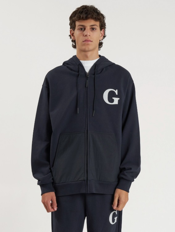 [50%]WHO KNOWS G LOGO WOVEN MIXED FULL ZIP-UP HOODIE - NAVY